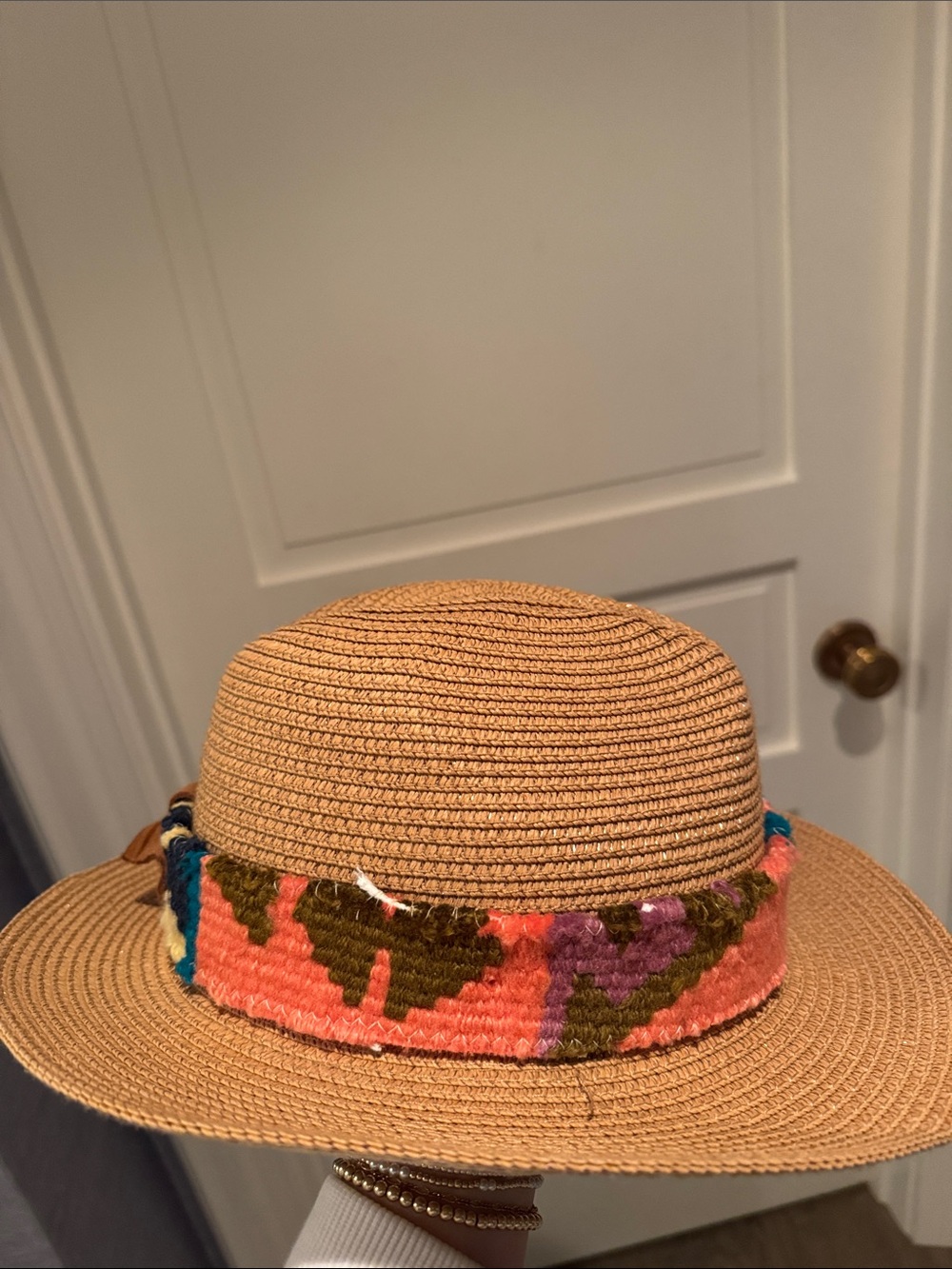 Woven Straw Fedora with Colorful Band - Tan & Coral Accent - Picture 2 of 5
